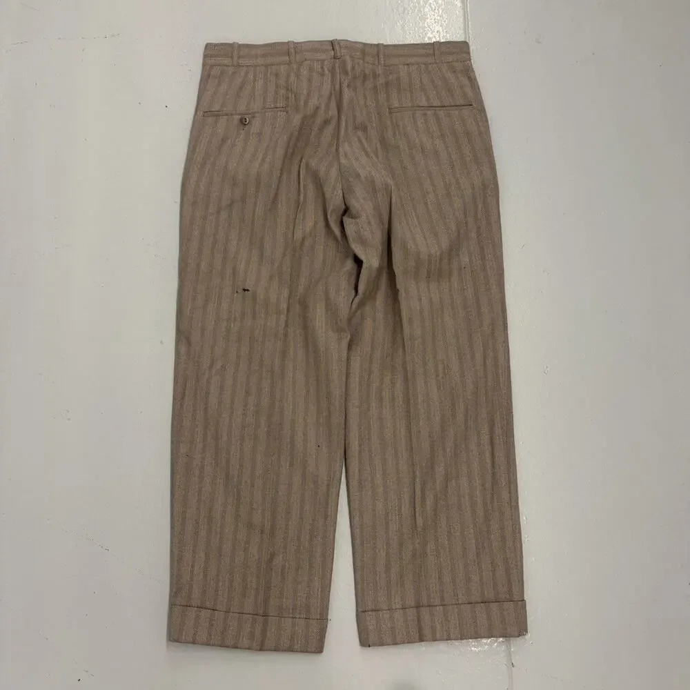 NOS Vintage 50s Tan Striped Wool Buttonfly Trousers 36x27